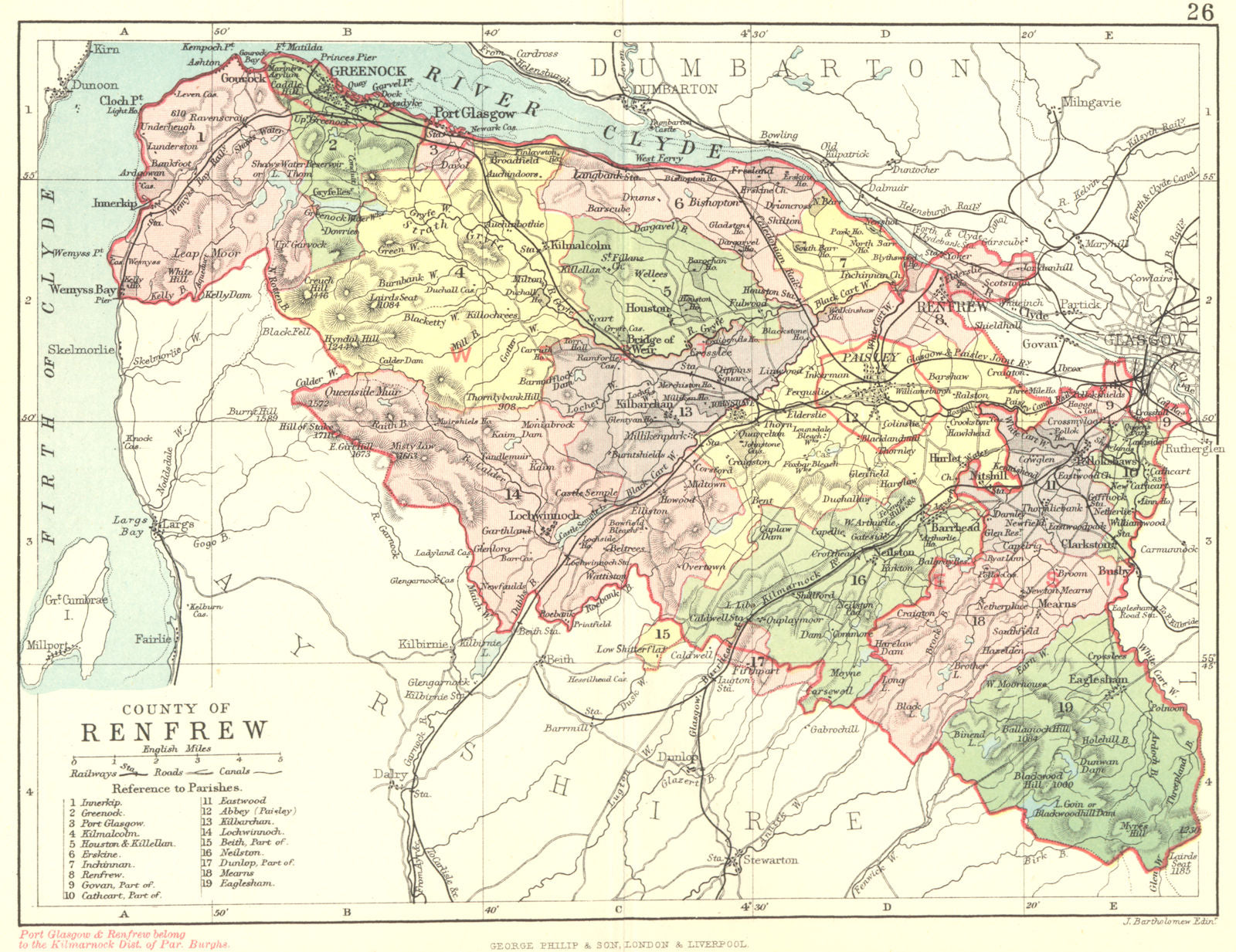 SCOTLAND. Renfrew. Renfrewshire. Philip 1891 old antique map plan chart